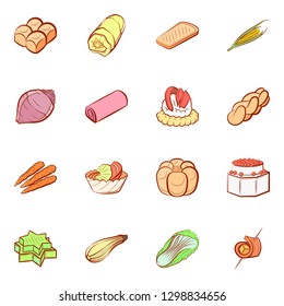 Bakery products, Snacks and Vegetables set. Background for printing, design, web. Usable as icons. Colored.