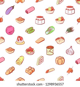 Bakery products, Snacks and Vegetables set. Background for printing, design, web. Usable as icons. Seamless. Colored.