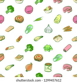 Bakery products, Snacks and Vegetables set. Background for printing, design, web. Usable as icons. Seamless. Colored.