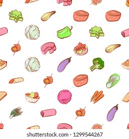 Bakery products, Snacks and Vegetables set. Background for printing, design, web. Usable as icons. Seamless. Colored.