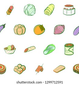 Bakery products, Snacks and Vegetables set. Background for printing, design, web. Usable as icons. Seamless. Colored.