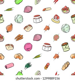 Bakery products, Snacks and Vegetables set. Background for printing, design, web. Usable as icons. Seamless. Colored.