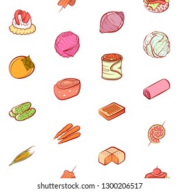 Bakery products, Snacks and Vegetables set. Background for printing, design, web. Usable as icons. Seamless. Colored.