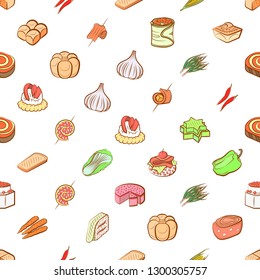 Bakery products, Snacks and Vegetables set. Background for printing, design, web. Usable as icons. Seamless. Colored.
