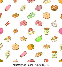 Bakery products, Snacks and Vegetables set. Background for printing, design, web. Usable as icons. Seamless. Colored.