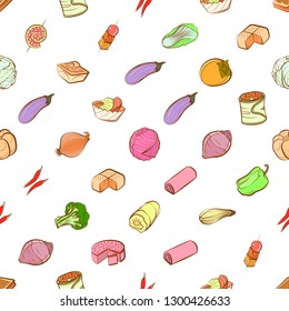 Bakery products, Snacks and Vegetables set. Background for printing, design, web. Usable as icons. Seamless. Colored.