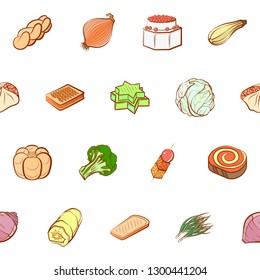 Bakery products, Snacks and Vegetables set. Background for printing, design, web. Usable as icons. Seamless. Colored.