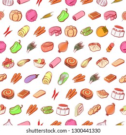 Bakery products, Snacks and Vegetables set. Background for printing, design, web. Usable as icons. Seamless. Colored.