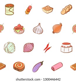 Bakery products, Snacks and Vegetables set. Background for printing, design, web. Usable as icons. Seamless. Colored.