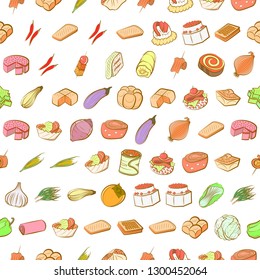 Bakery products, Snacks and Vegetables set. Background for printing, design, web. Usable as icons. Seamless. Colored.