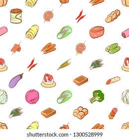 Bakery products, Snacks and Vegetables set. Background for printing, design, web. Usable as icons. Seamless. Colored.