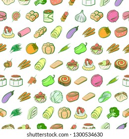 Bakery products, Snacks and Vegetables set. Background for printing, design, web. Usable as icons. Seamless. Colored.
