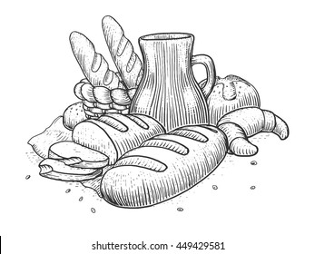 Bakery products still life engraving style vector illustration. Scratch board style imitation