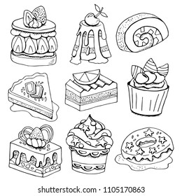 bakery products, sweets set sketches, elements design, hand drawing style, vector illustration, black contour on white
