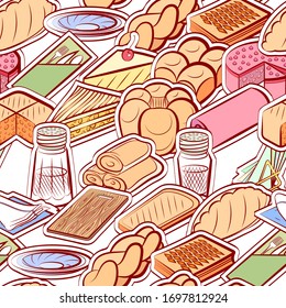 Bakery products and Table setting pattern. Background for printing, design, web. Seamless. Colored.