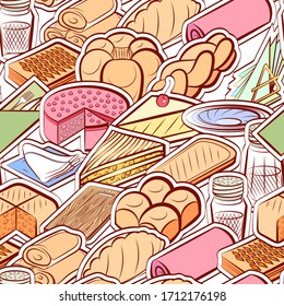 Bakery products and Table setting pattern. Background for printing, design, web. Seamless. Colored.