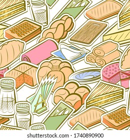 Bakery products and Table setting pattern. Background for printing, design, web. Seamless. Colored.