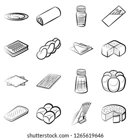 Bakery products and Table setting set. Background for printing, design, web. Usable as icons. Seamless. Monochrome binary, black and white.