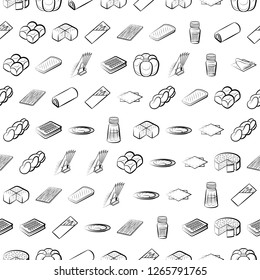 Bakery products and Table setting set. Background for printing, design, web. Usable as icons. Seamless. Monochrome binary, black and white.