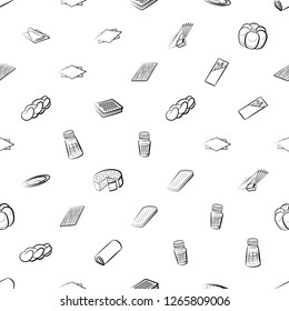 Bakery products and Table setting set. Background for printing, design, web. Usable as icons. Seamless. Monochrome binary, black and white.