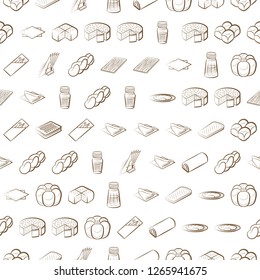 Bakery products and Table setting set. Background for printing, design, web. Usable as icons. Seamless. Color.