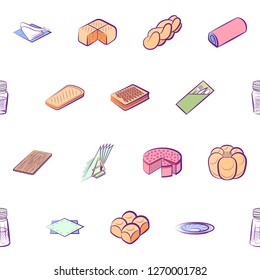 Bakery products and Table setting set. Background for printing, design, web. Usable as icons. Seamless. Colored.