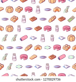 Bakery products and Table setting set. Background for printing, design, web. Usable as icons. Seamless. Colored.