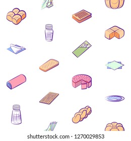 Bakery products and Table setting set. Background for printing, design, web. Usable as icons. Seamless. Colored.