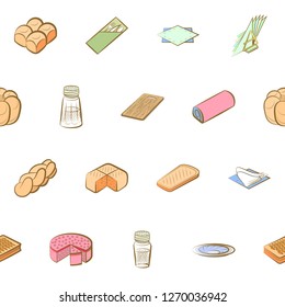 Bakery products and Table setting set. Background for printing, design, web. Usable as icons. Seamless. Colored.