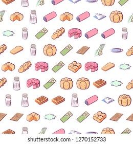 Bakery products and Table setting set. Background for printing, design, web. Usable as icons. Seamless. Colored.