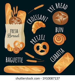 Plantilla de productos de panadería. Tipos de pan - conjunto vectorial de ilustraciones. Grano entero, trigo, centeno, baguette, cruasán, bollo, bagel y orejas. Iconos para la panadería.