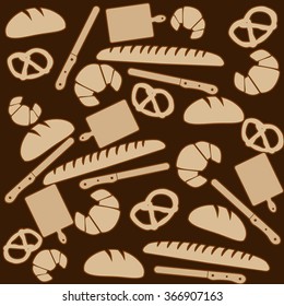 Bakery products texture on brown background, vector illustration