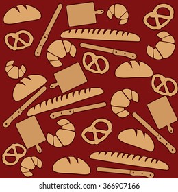 Bakery products texture on red background, vector illustration