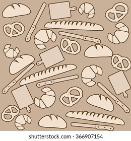 Bakery products texture on retro style background, vector illustration