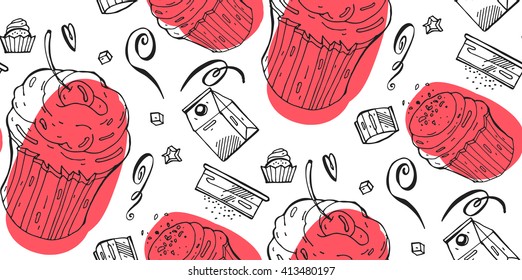 Bakery products and tools hand drawn seamless pattern.Capcake bakery  on white background  in vector.Suitable for wallpaper,wrapping paper,packaging,fabric, or textile pattern.Swirls baking  pattern
