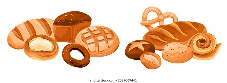 Productos de panadería. Una variedad de bollería de la masa. Pasteles caseros. Ilustración vectorial de dibujos animados.
