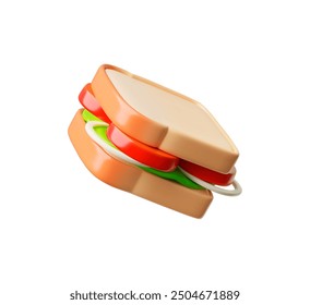 Backwaren. Vektor 3D-Illustration eines Sandwiches mit Scheiben von weißem Brot, Salat, Zwiebel und Tomate. Ideal für ein kulinarisches Thema, im Cartoon-Stil auf isoliertem Hintergrund präsentiert.