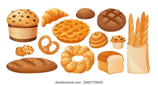 Bakery products vector cartoon collection with fresh bread, buns, french baguettes, croissant, muffin, pie, biscuits, panettone etc. isolated on white background.