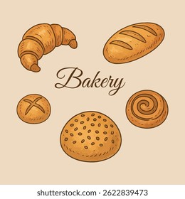 Bakery products vector collection. Hand-drawn illustration of breads and buns. 