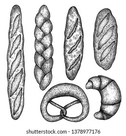 Bakery products. Vector hand drawn illustration. Vintage elements for labels, flayers and packaging design.