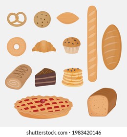 Bakery products vector illustration. Bake shop elements in flat style. Bread iteams for coffee house. Pastry icons set.