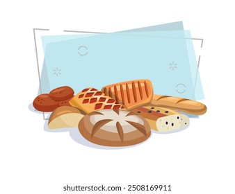 Bakery products vector illustration. Bread loafs, baguette, baton. Food concept. Can be used for topics like bakery, pastries, confectionery shop