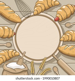 bakery products vector illustration for breakfast cartoon image,bread,croissant,wheat,rye,bag of flour,cutting board,wooden spoon,wooden rolling pin and beater.Frame of breads with copy space for text