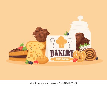 Bakery products, vector illustration. Poster for bakeshop, delicious cakes and cookies, fresh baked bread. Pastry cafe menu cover, homemade desserts selection. Bakehouse advertisement card background