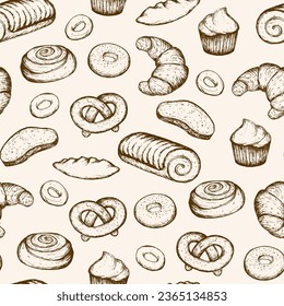 Bakery products Vector Seamless pattern. Baked goods sketch. Vector background illustration for bakery shop.