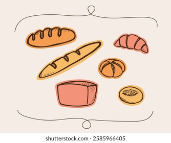 Bakery Products vector set on isolated background. Hand drawn colour sketches with croissant, baguette, bread, bun, sweet pastry for sign, logo, card, template, print, wrapping, paper, menu, design