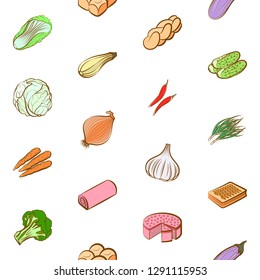 Bakery products and Vegetables set. Background for printing, design, web. Usable as icons. Seamless. Colored.