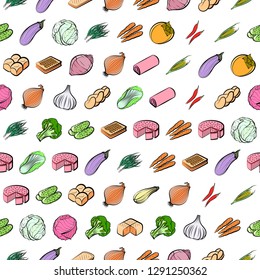 Bakery products and Vegetables set. Background for printing, design, web. Usable as icons. Seamless. Colored.