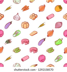 Bakery products and Vegetables set. Background for printing, design, web. Usable as icons. Seamless. Colored.