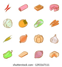 Bakery products and Vegetables set. Background for printing, design, web. Usable as icons. Colored.